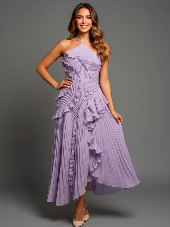 Lotus Edge Pleated Halter Maxi Dress