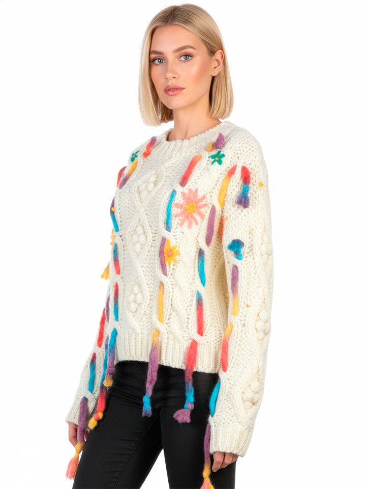 Hand-Knitted Striped Round Neck Sweater