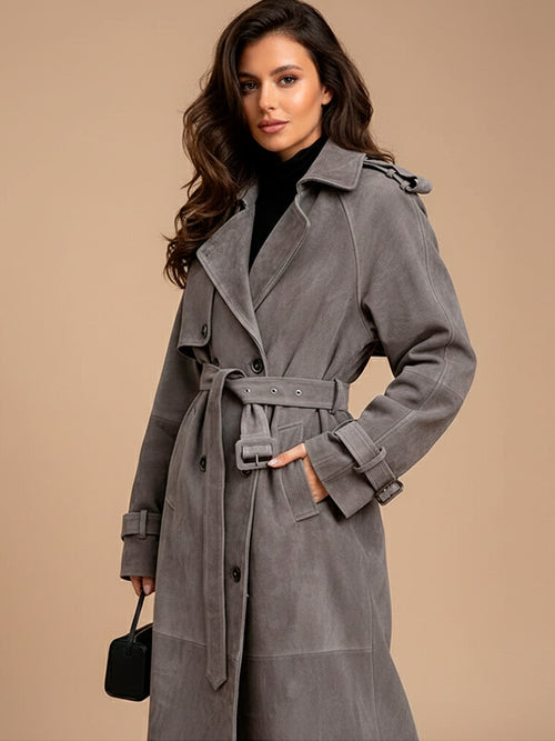 Chic Faux Suede Belted Trench Coat