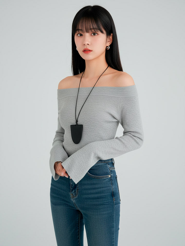 Off-Shoulder Cropped Pullover in Refined Polyester