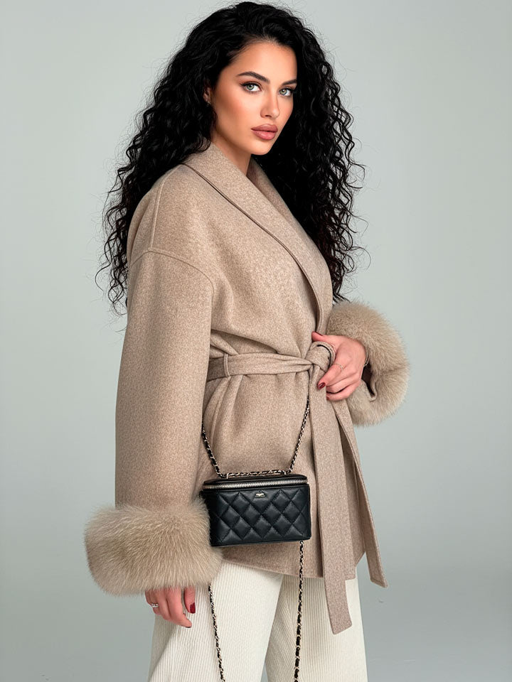 Woolen Lace-Up Coat with Faux Fur Belt
