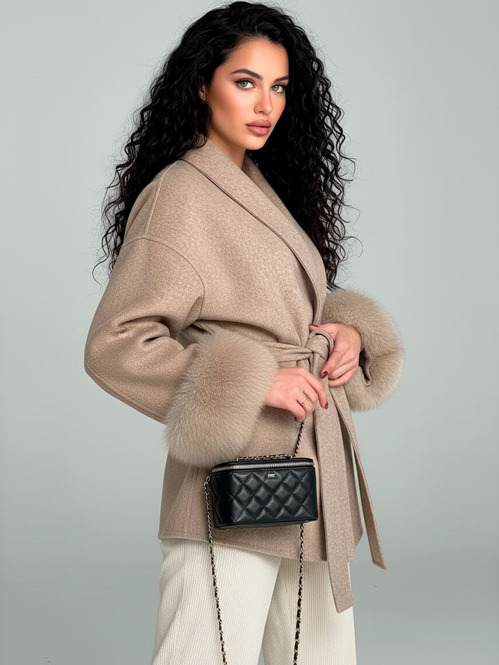 Woolen Lace-Up Coat with Faux Fur Belt