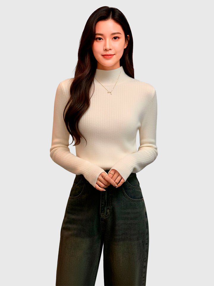 Velvet-Lined High Neck Knit Sweater