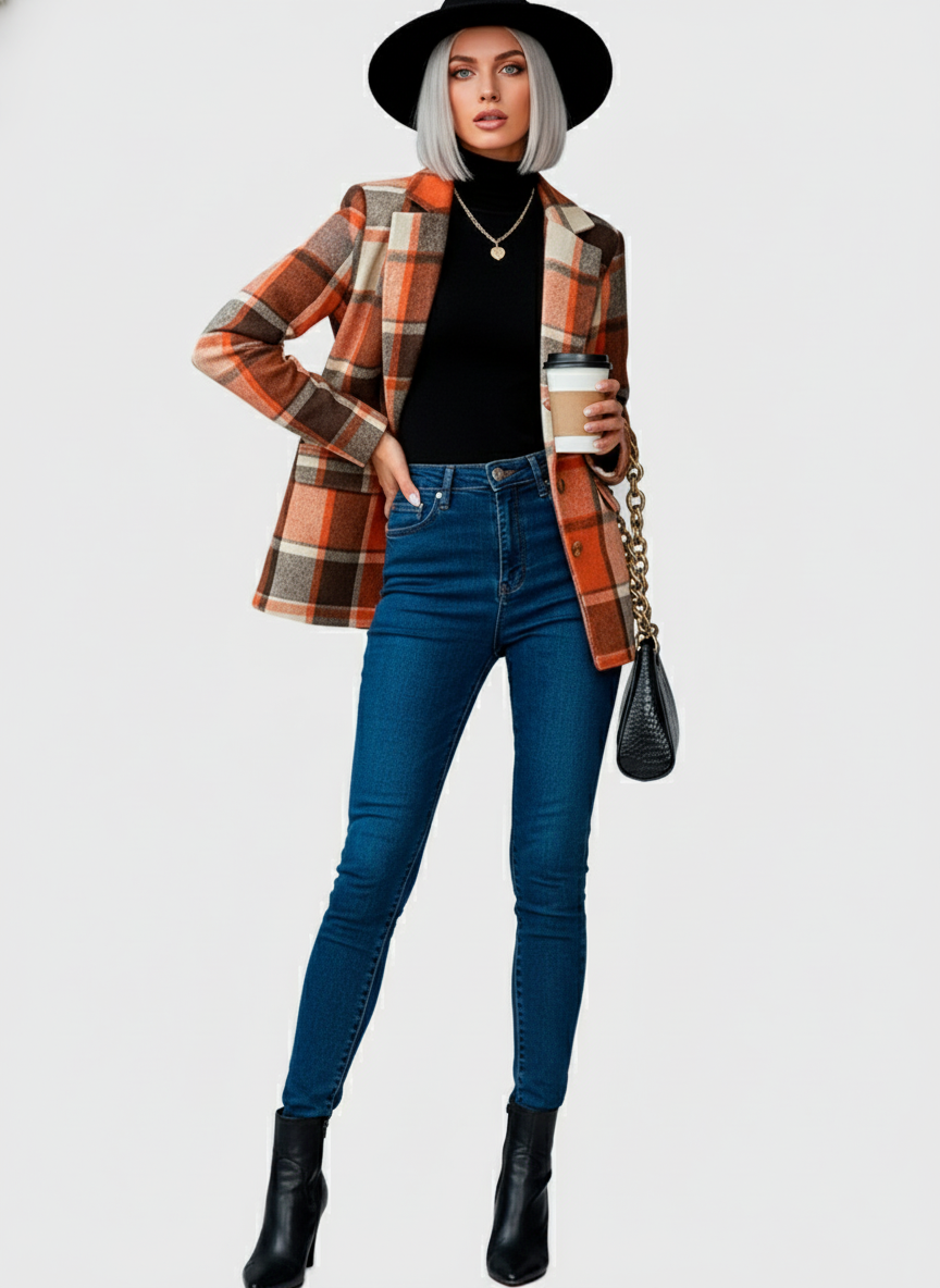 Plaid Lapel Collar Blazer