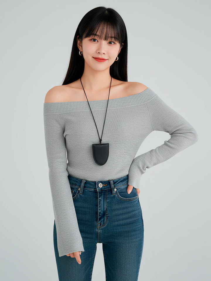 Off-Shoulder Cropped Pullover in Refined Polyester