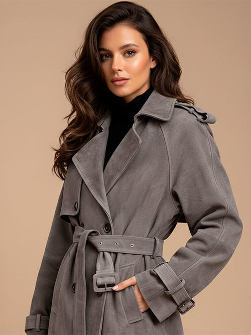 Chic Faux Suede Belted Trench Coat