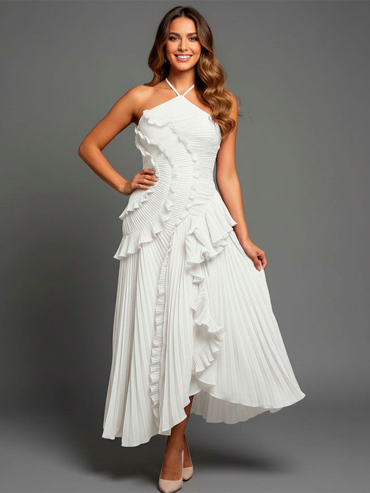 Lotus Edge Pleated Halter Maxi Dress
