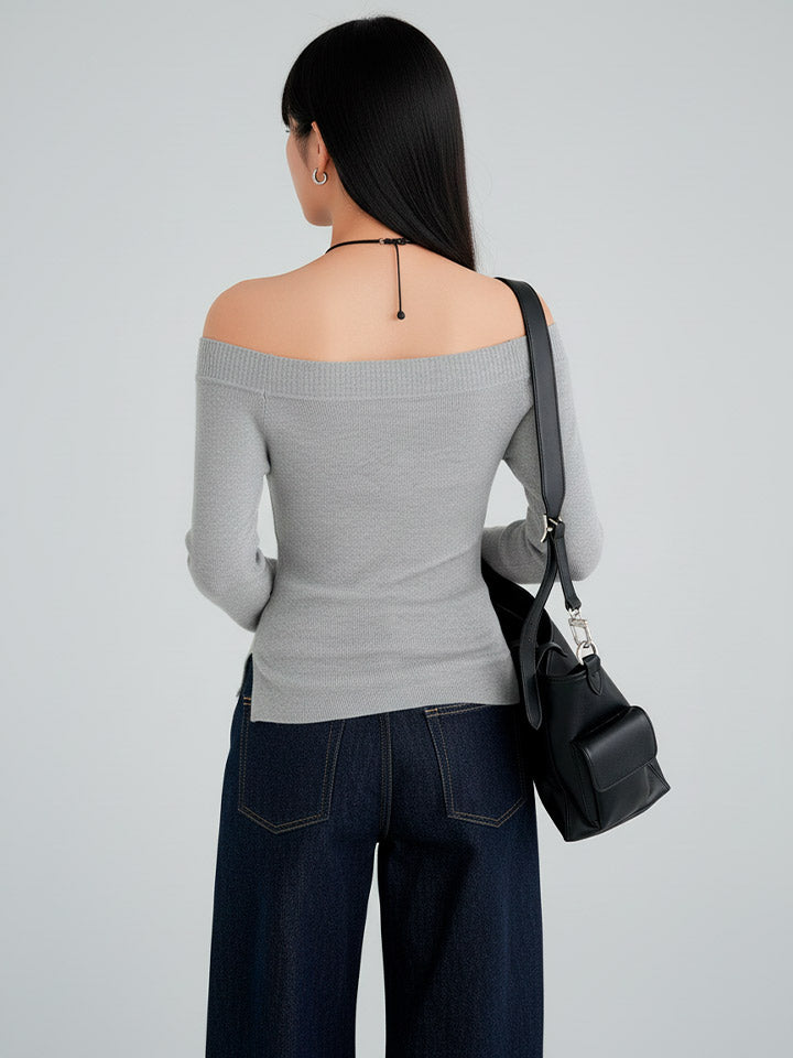 Off-Shoulder Cropped Pullover in Refined Polyester