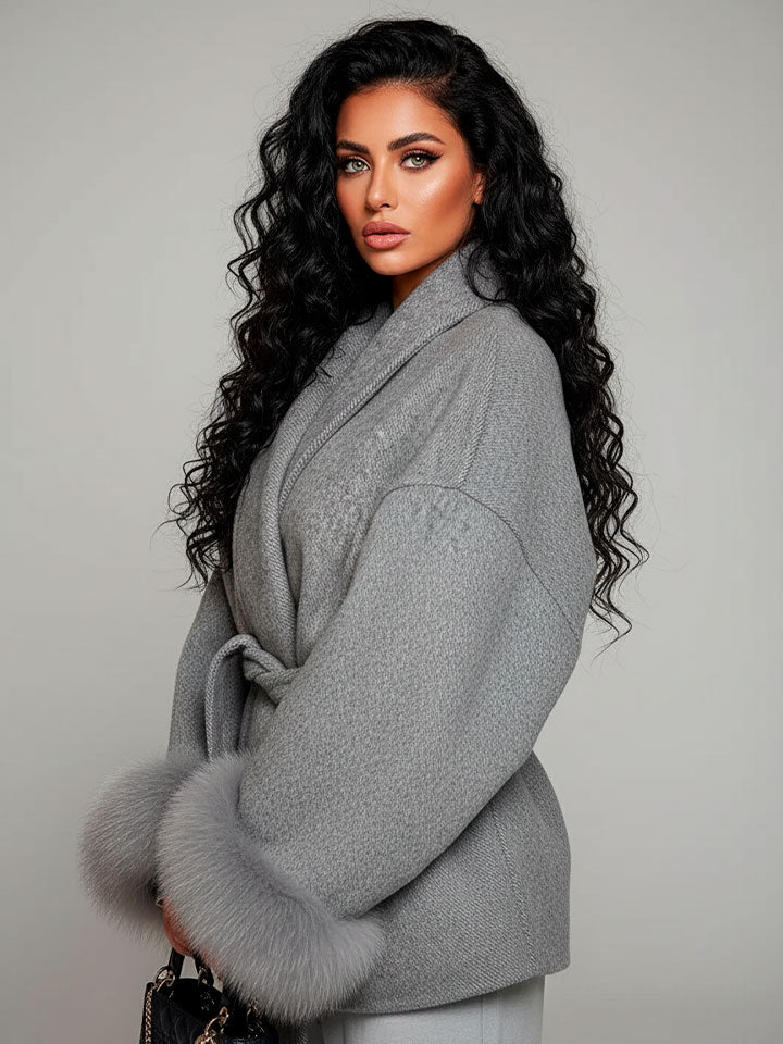 Woolen Lace-Up Coat with Faux Fur Belt