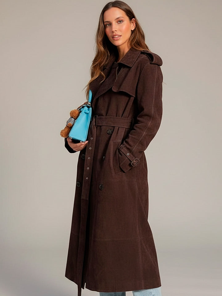 Chic Faux Suede Belted Trench Coat