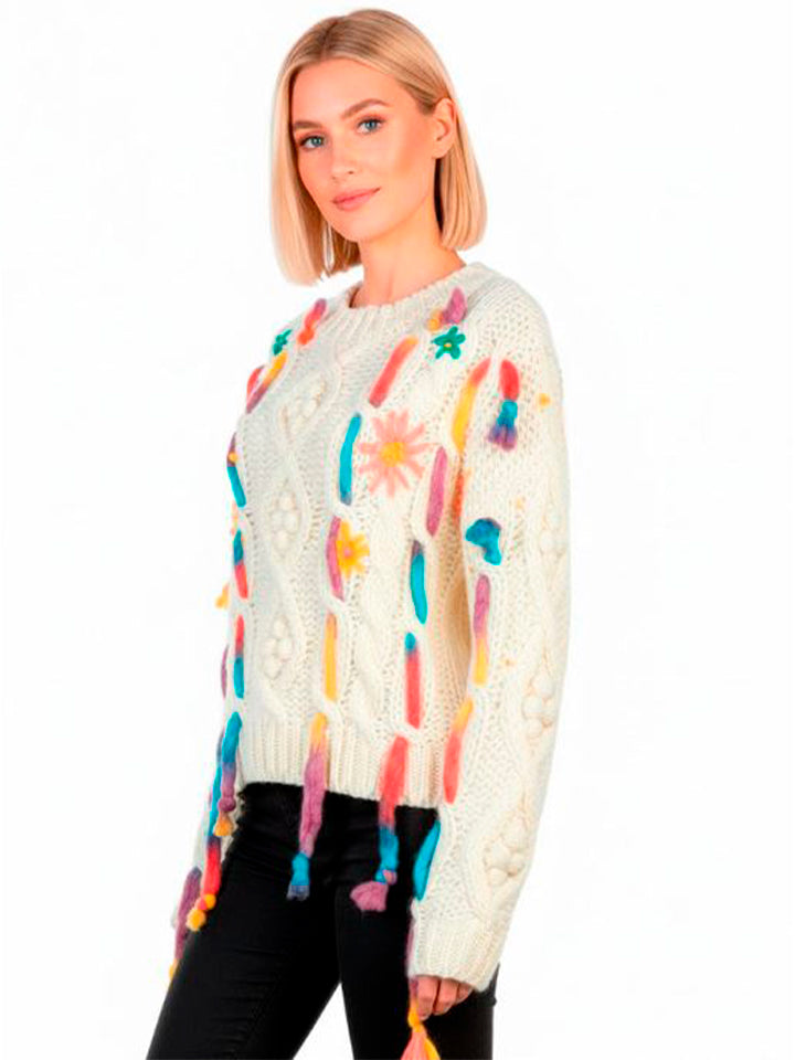 Hand-Knitted Striped Round Neck Sweater