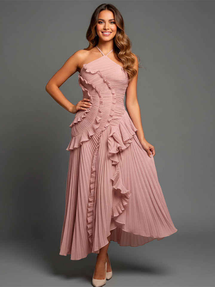 Lotus Edge Pleated Halter Maxi Dress
