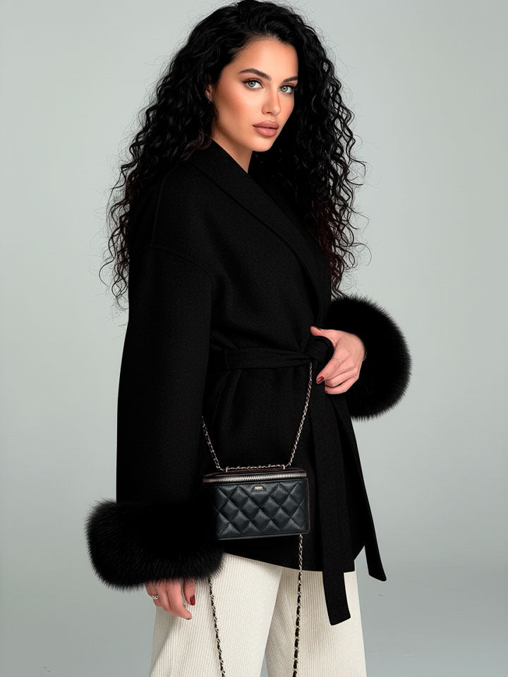 Woolen Lace-Up Coat with Faux Fur Belt