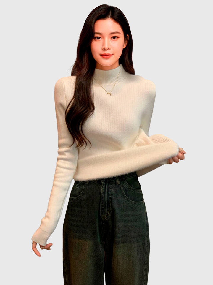 Velvet-Lined High Neck Knit Sweater