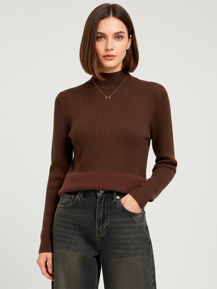 Velvet-Lined High Neck Knit Sweater