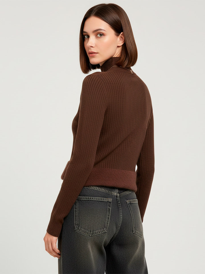 Velvet-Lined High Neck Knit Sweater