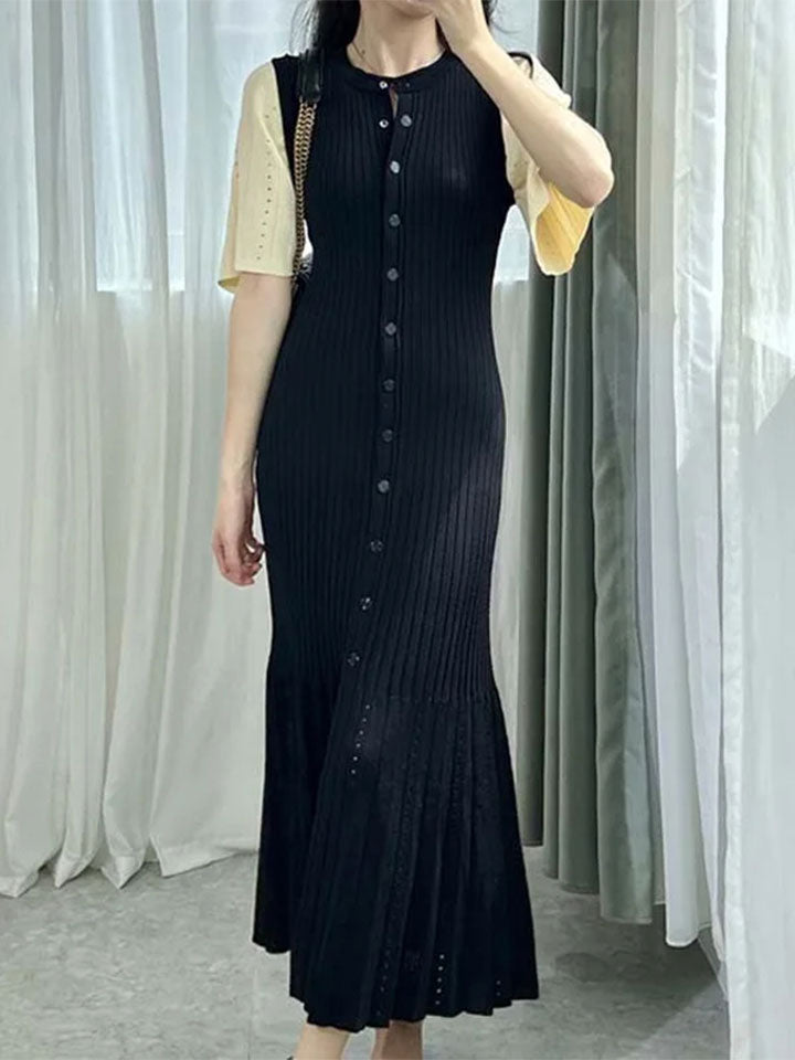 French Openwork Knit Midi Dress