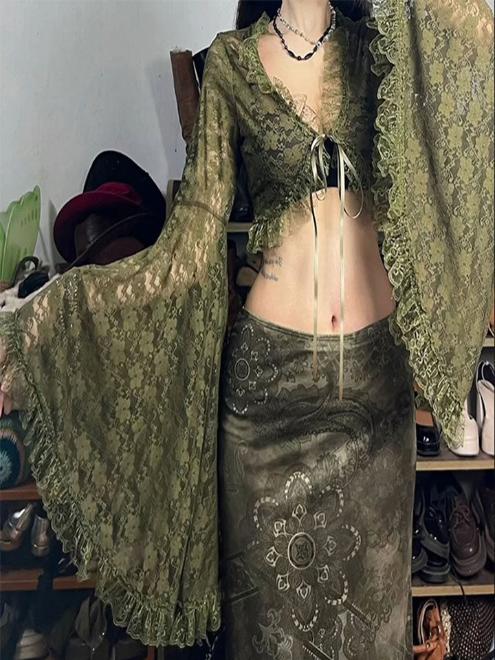 Mori Girl Flared Sleeve Cardigan in Sage