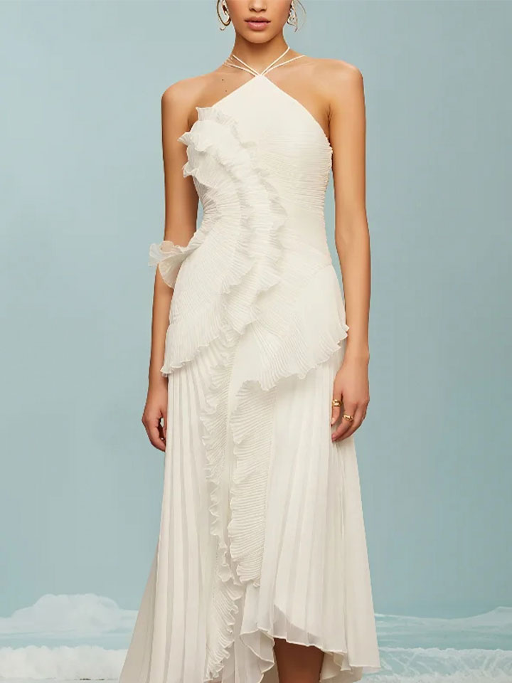 Lotus Edge Pleated Halter Maxi Dress
