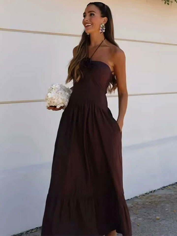 Strapless Midi Dress with Halter Neckline