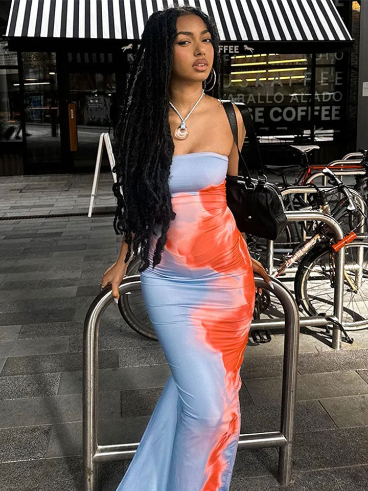 Strapless Print Tube Maxi Dress