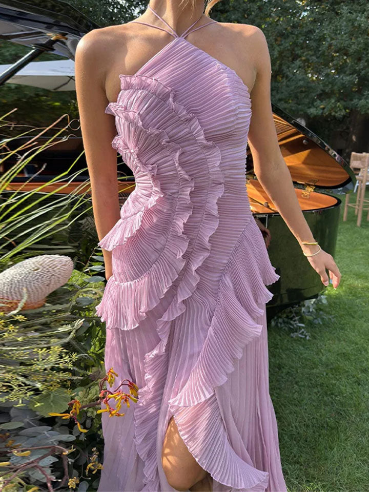 Lotus Edge Pleated Halter Maxi Dress