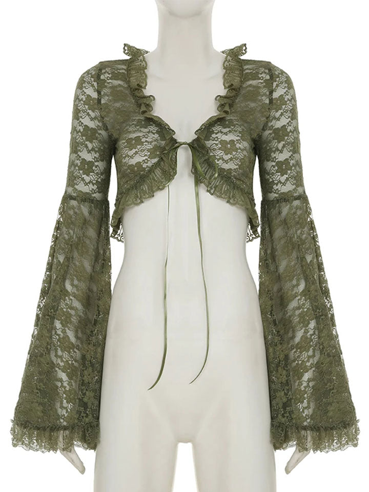Mori Girl Flared Sleeve Cardigan in Sage