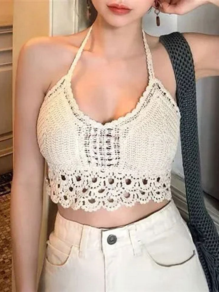 Halter Neck Crop Top with Intricate Lace Detail