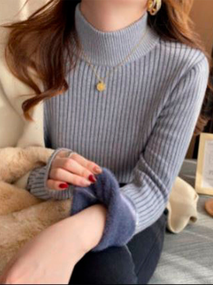 Velvet-Lined High Neck Knit Sweater