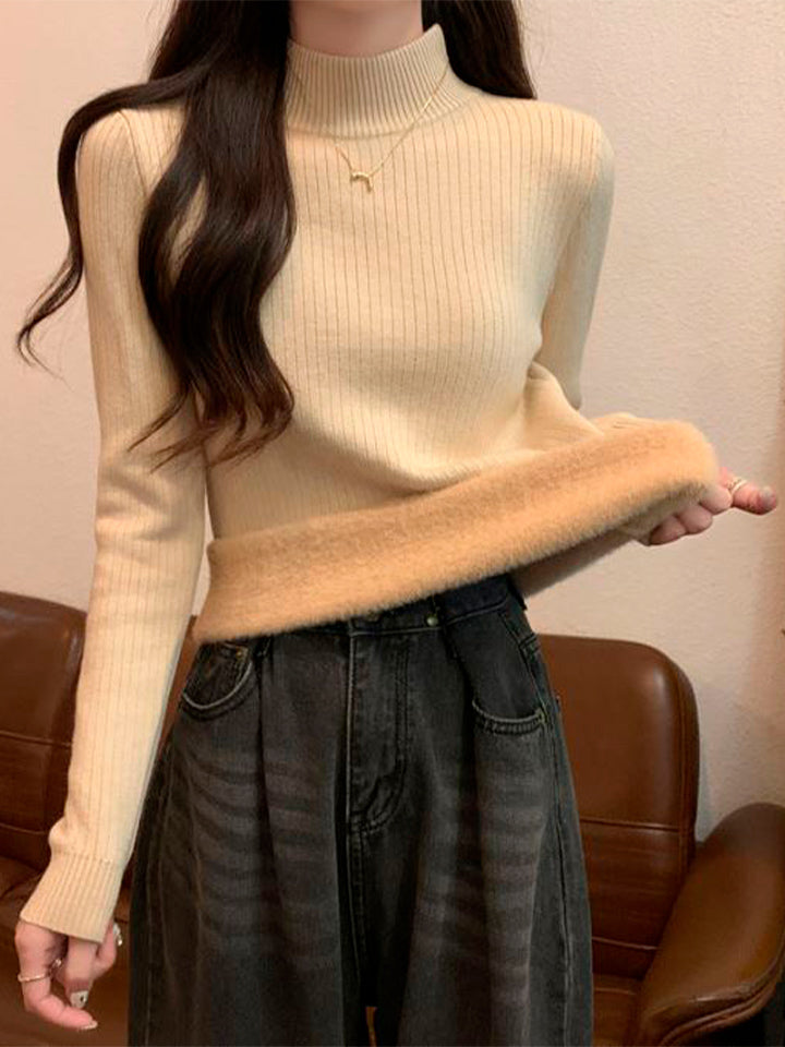 Velvet-Lined High Neck Knit Sweater