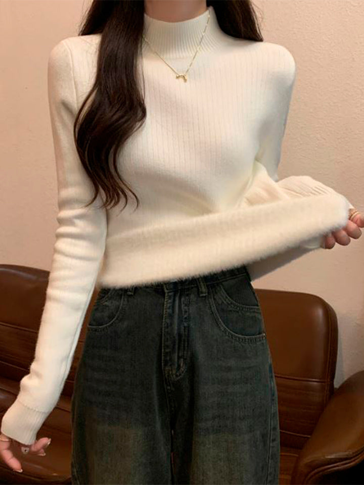 Velvet-Lined High Neck Knit Sweater
